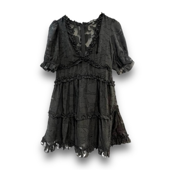 STORY ON Black Sheer Lace V Neck Puff Short Sleeve Dress SZ SM - Picture 10 of 12